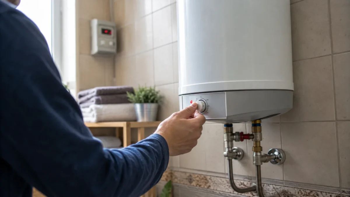 Osoba ustawia termostat bojlera elektrycznego na ścianie, aby zmniejszyć koszt podgrzewania ciepłej wody