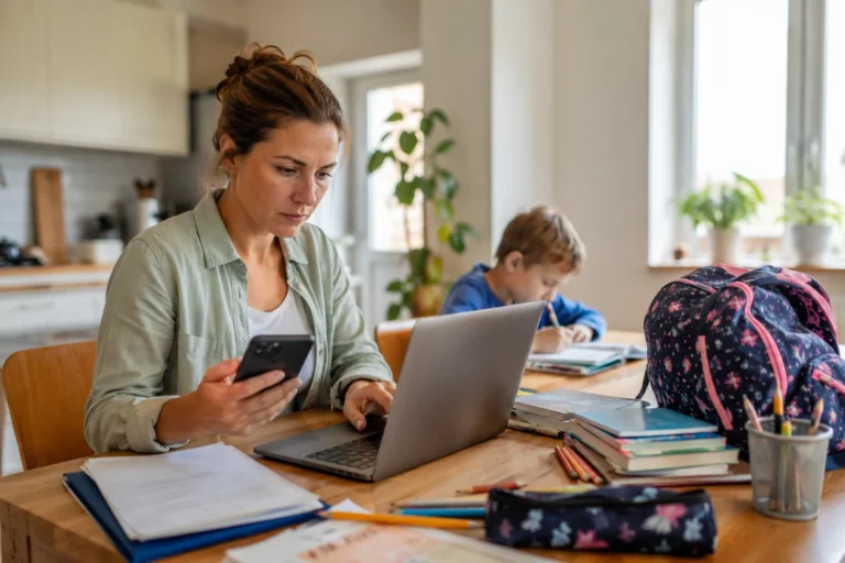 Kobieta składa wniosek o 300 plus 2026 na laptopie, obok dziecko i przybory szkolne