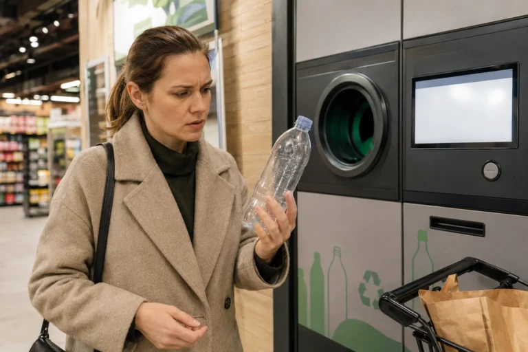 Kobieta trzyma plastikową butelkę odrzuconą przez butelkomat w sklepie