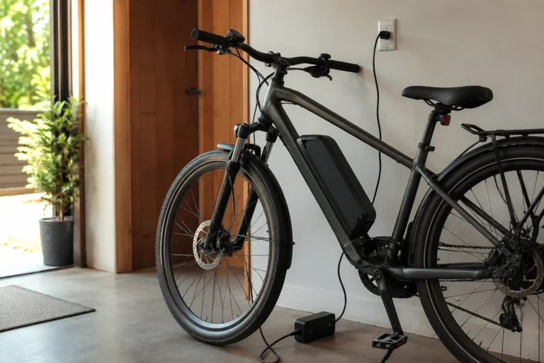 Rower elektryczny podłączony do ładowarki w domowym przedpokoju