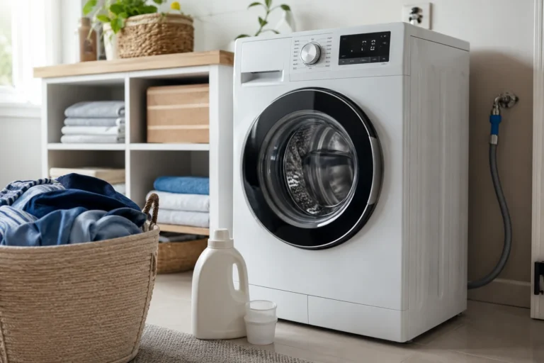 Nowoczesna pralka, kosz z ubraniami i detergent w domowej pralni