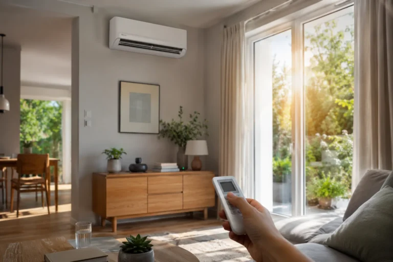 Klimatyzator ścienny działający w jasnym salonie podczas upalnego dnia