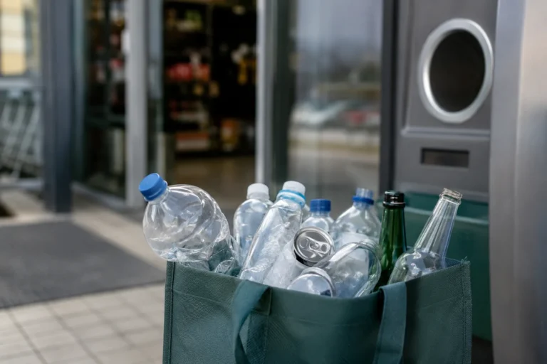 Torba z pustymi butelkami PET, puszką i szklanymi butelkami ustawiona przy automacie kaucyjnym.