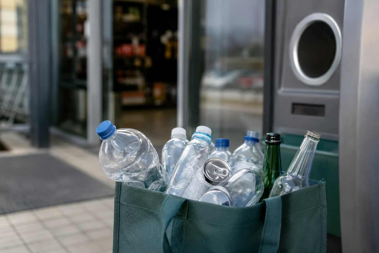 Torba z pustymi butelkami PET, puszką i szklanymi butelkami ustawiona przy automacie kaucyjnym.
