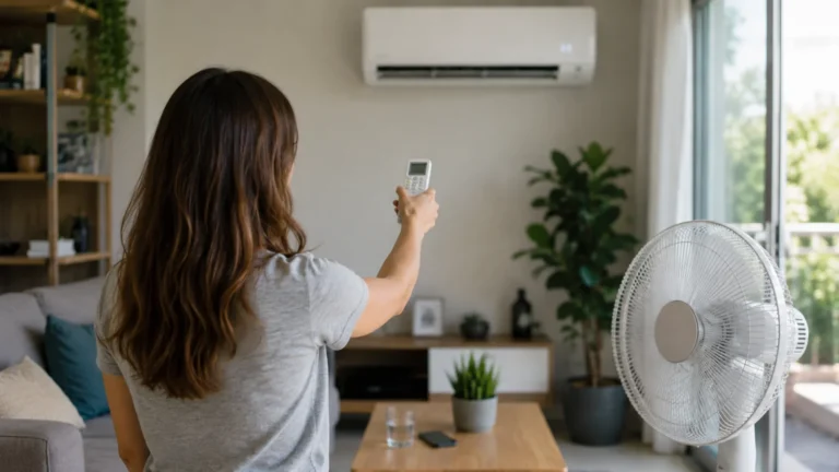 Kobieta wybiera między klimatyzacją ścienną a wentylatorem podczas upału