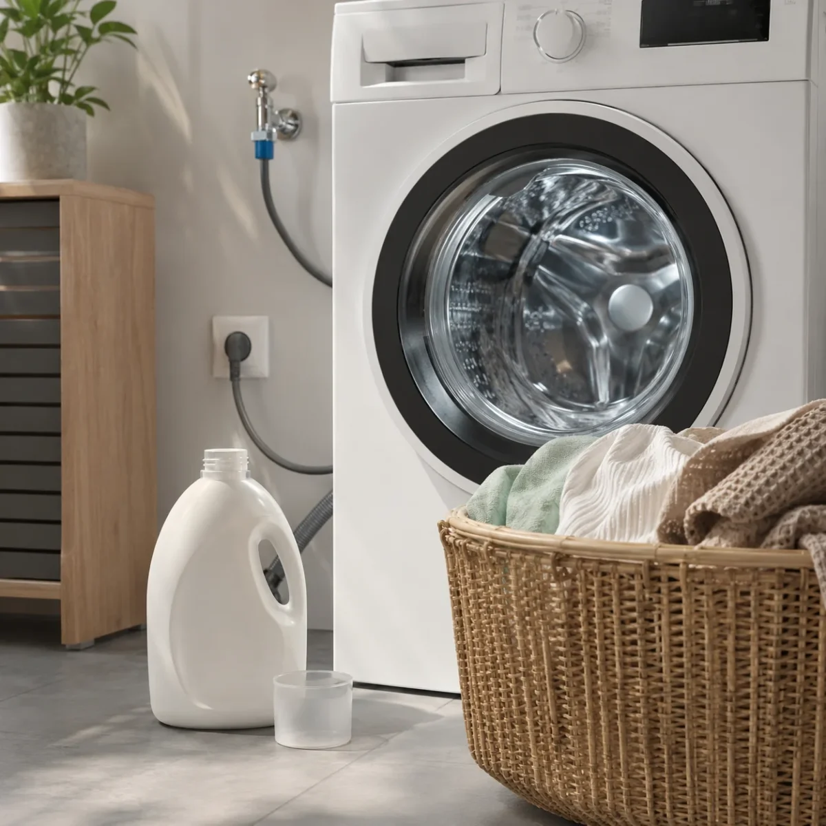 Pralka automatyczna, detergent i kosz z praniem w domowej pralni
