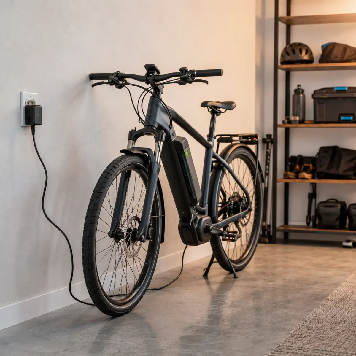 Rower elektryczny ładowany z domowego gniazdka w garażu