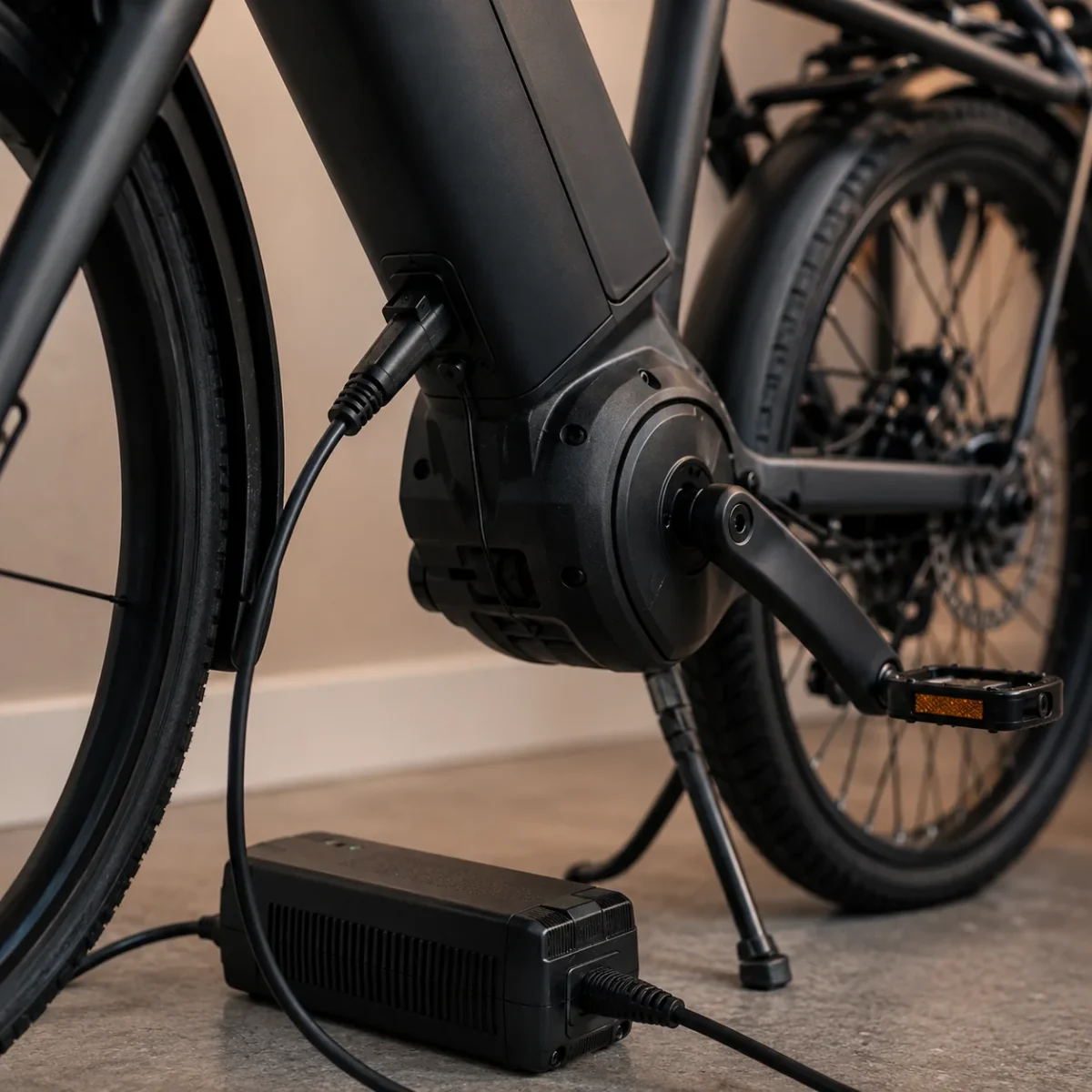 Ładowarka podłączona do baterii roweru elektrycznego – zbliżenie