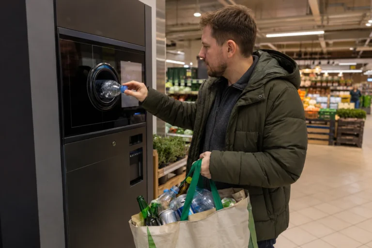 Mężczyzna oddaje plastikową butelkę do butelkomatu w sklepie w ramach systemu kaucyjnego