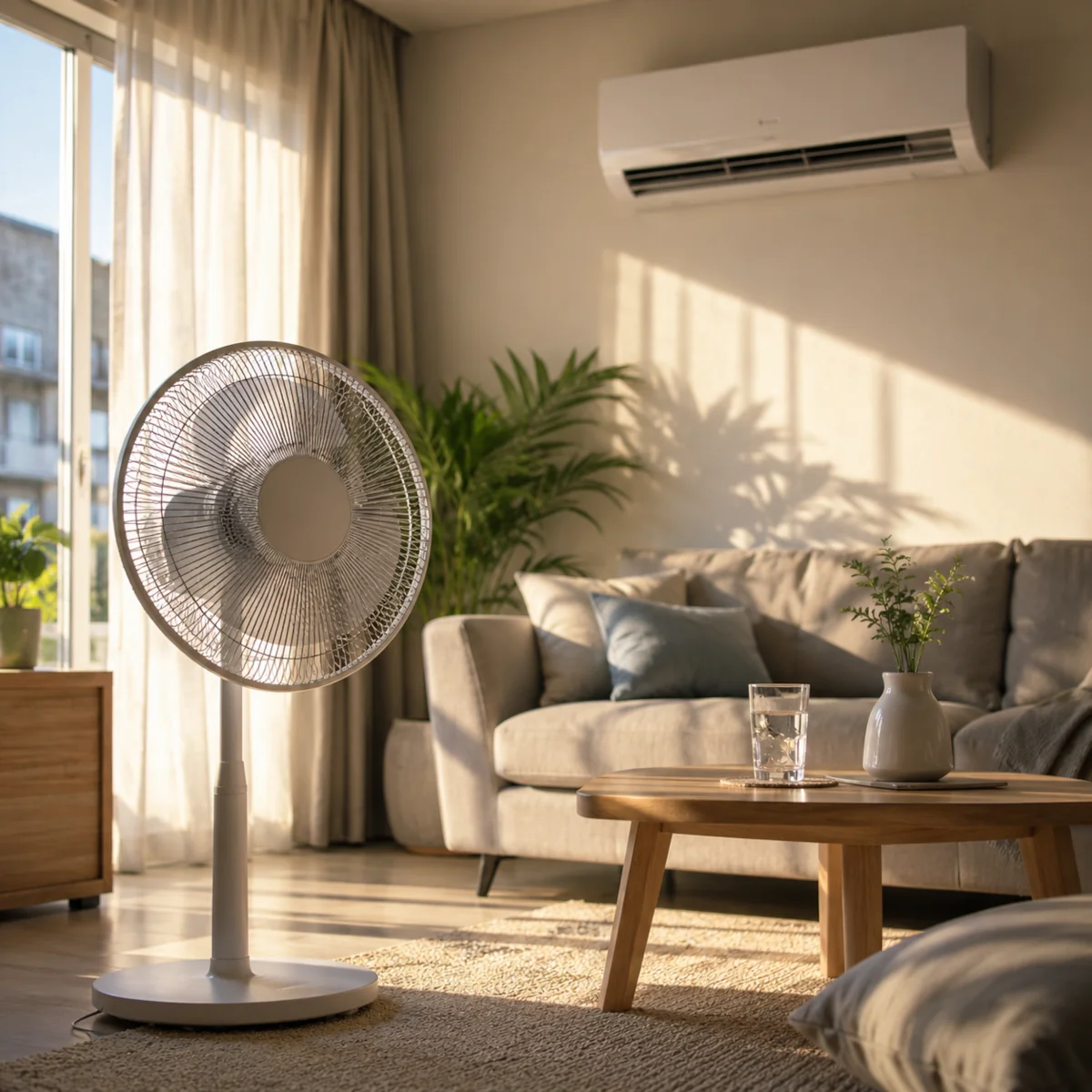 Wentylator stojący i klimatyzacja ścienna w nasłonecznionym salonie
