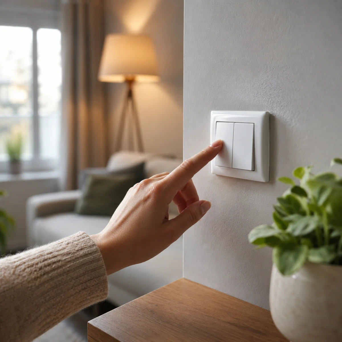 Dłoń wyłączająca światło w salonie, aby ograniczyć zużycie energii elektrycznej