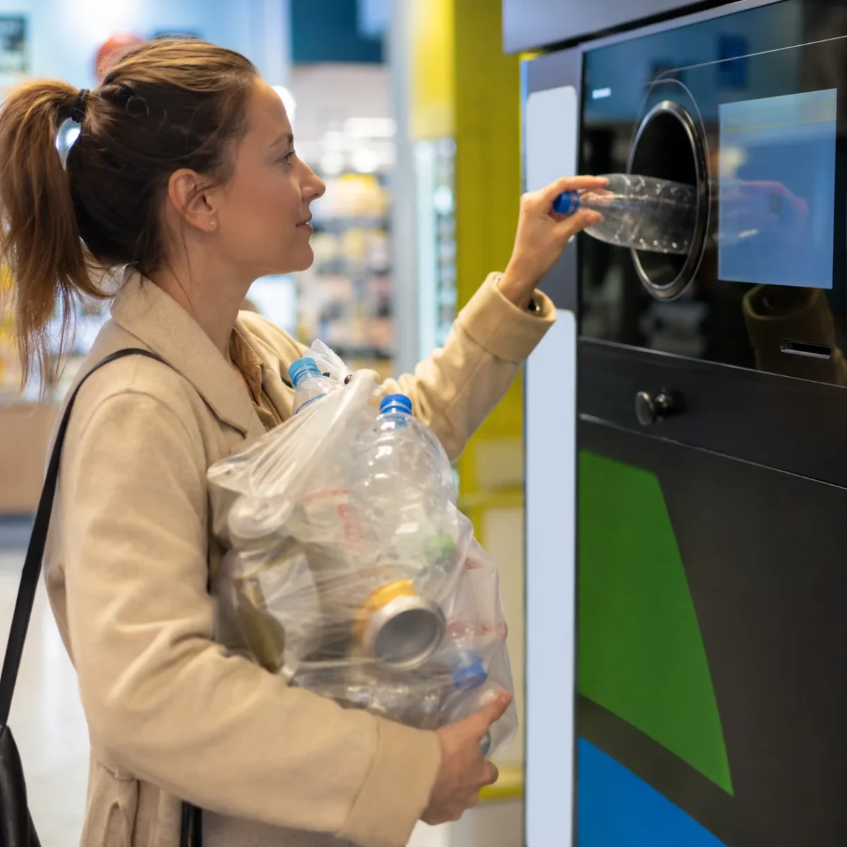 Kobieta oddaje plastikową butelkę do automatu kaucyjnego, trzymając torbę z opakowaniami