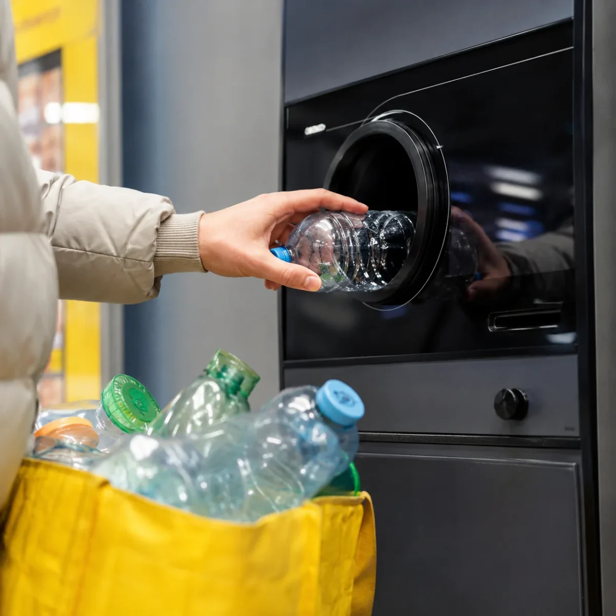 Osoba wkłada pustą butelkę plastikową do automatu kaucyjnego, obok stoi torba z opakowaniami.