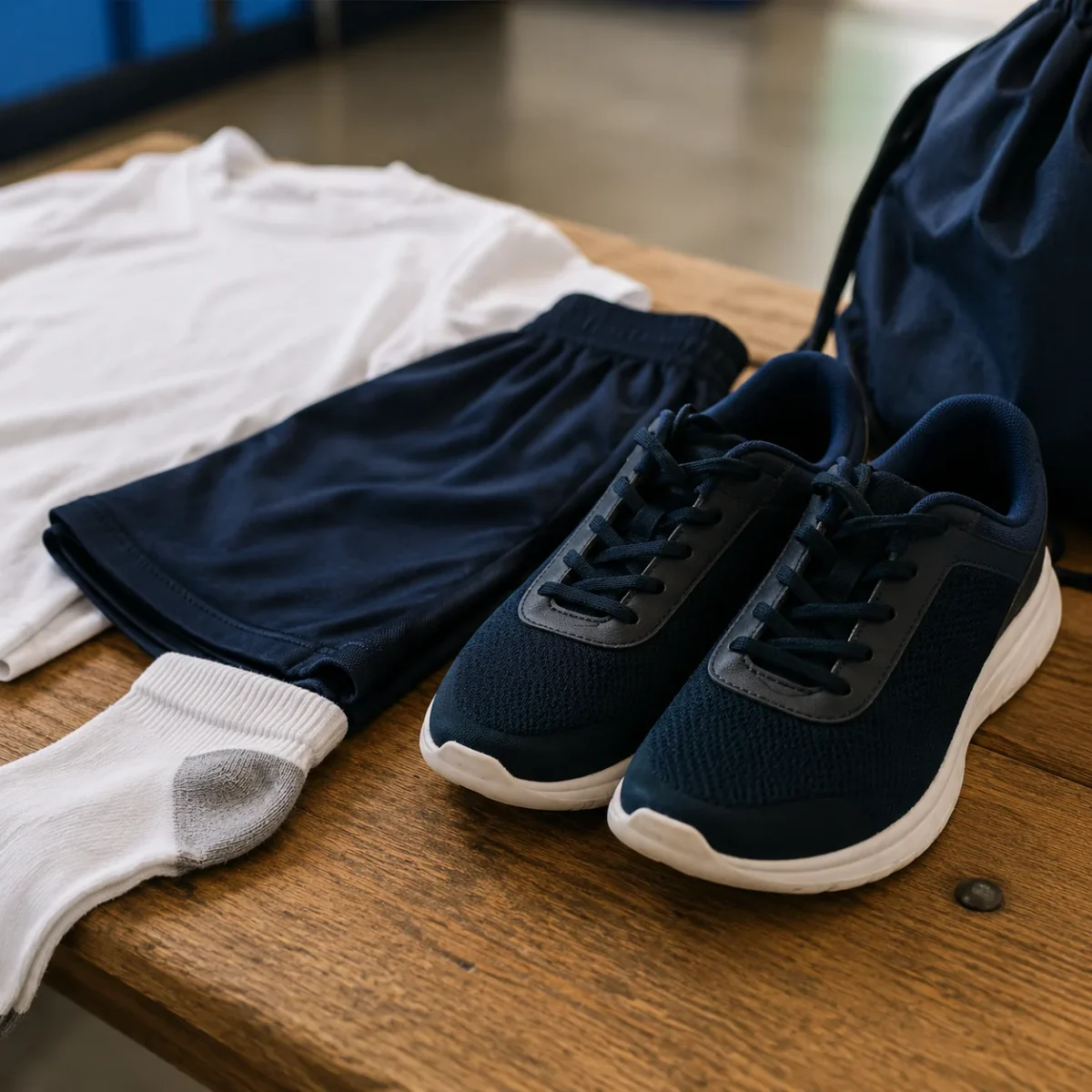 Buty sportowe, spodenki i koszulka przygotowane na szkolne zajęcia WF