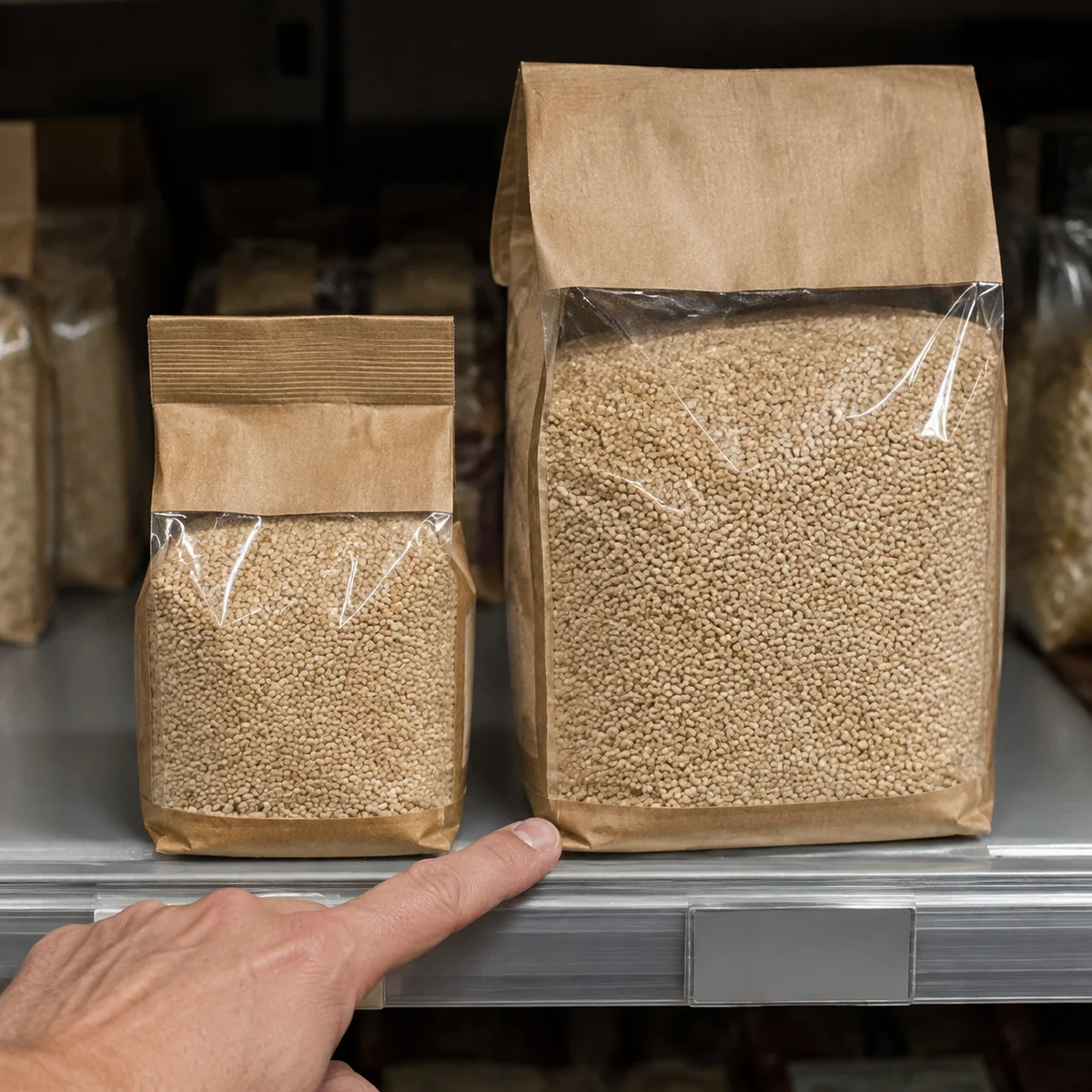 Małe i duże opakowanie produktu porównywane na sklepowej półce