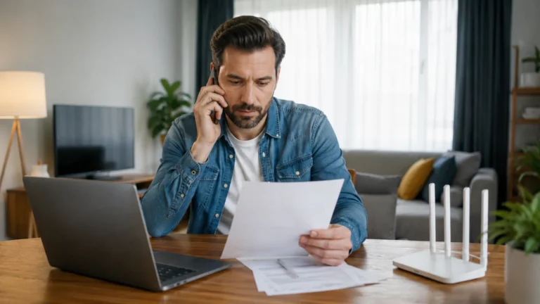 Mężczyzna negocjuje telefonicznie cenę internetu domowego