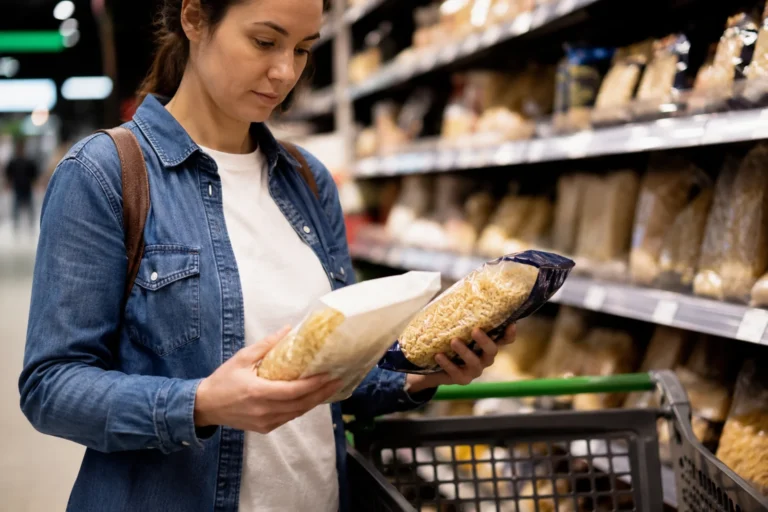 Klientka porównująca dwa podobne produkty podczas zakupów w supermarkecie