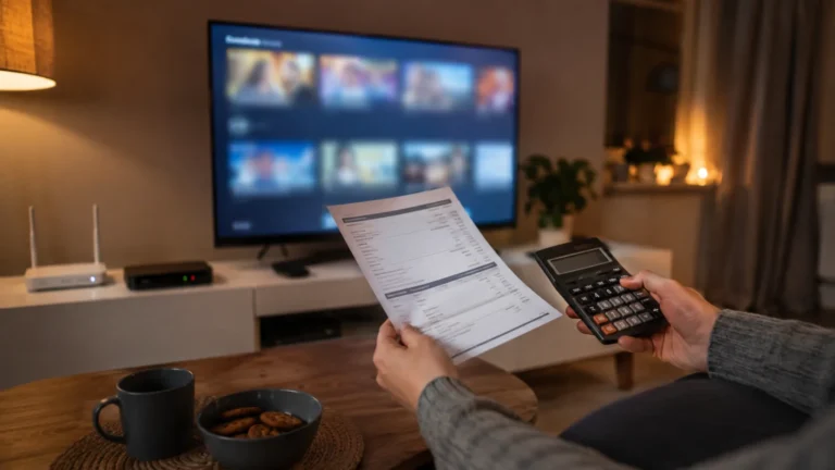Osoba sprawdza rachunek za pakiet TV i internet przy telewizorze, routerze i dekoderze