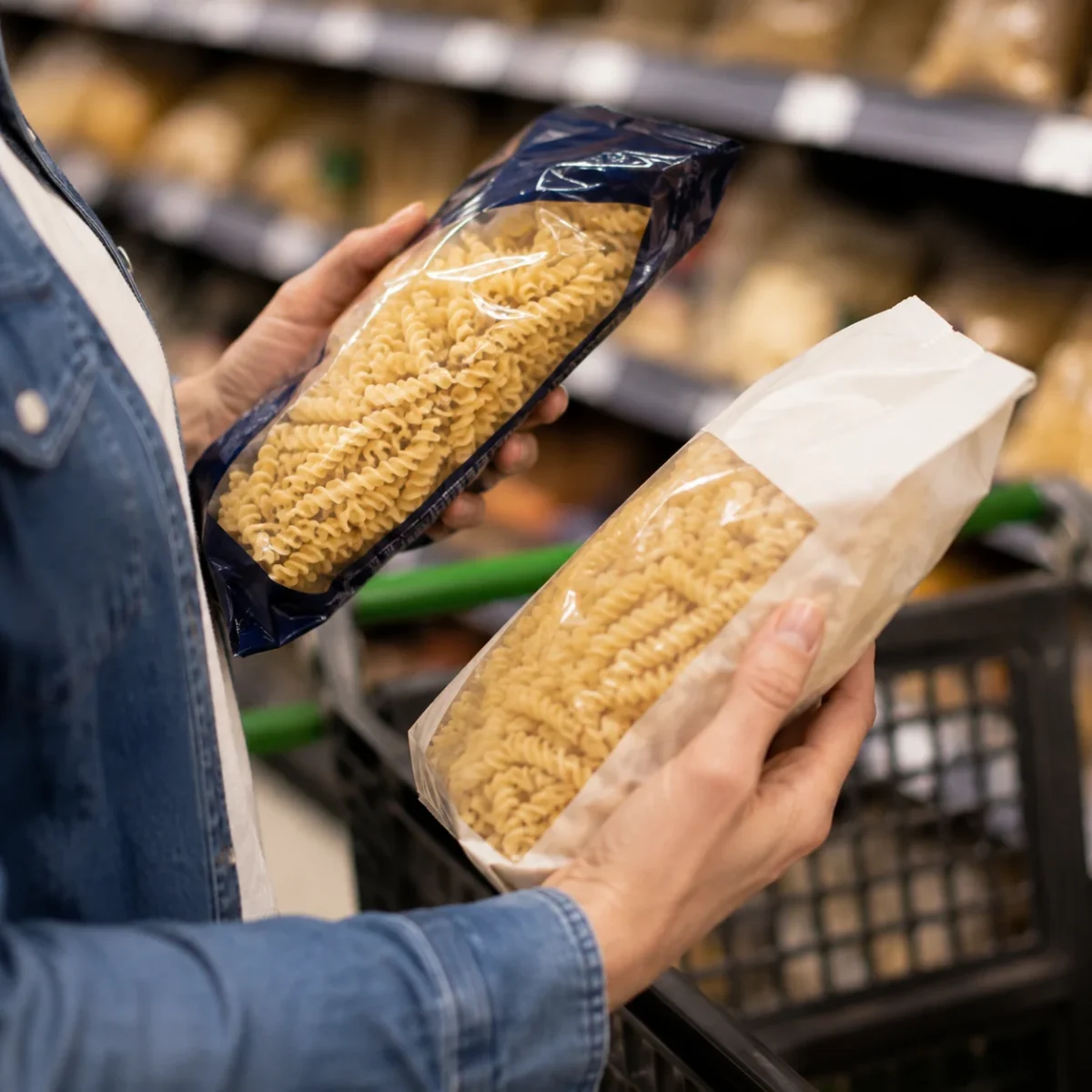 Zbliżenie na dwa opakowania makaronu porównywane podczas zakupów