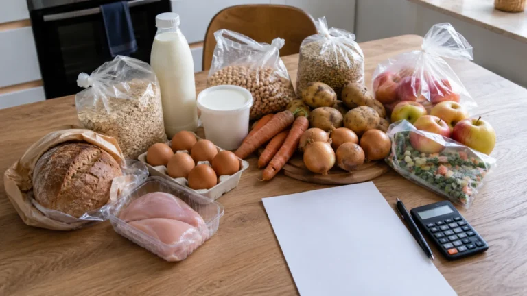 Produkty spożywcze na tydzień obok kalkulatora i kartki