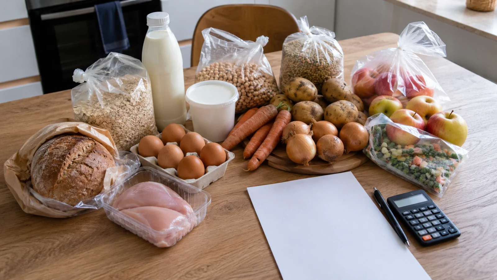 Produkty spożywcze na tydzień obok kalkulatora i kartki