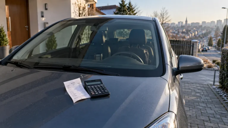 Samochód przygotowany do porannego dojazdu do pracy z kalkulatorem i rachunkiem za paliwo
