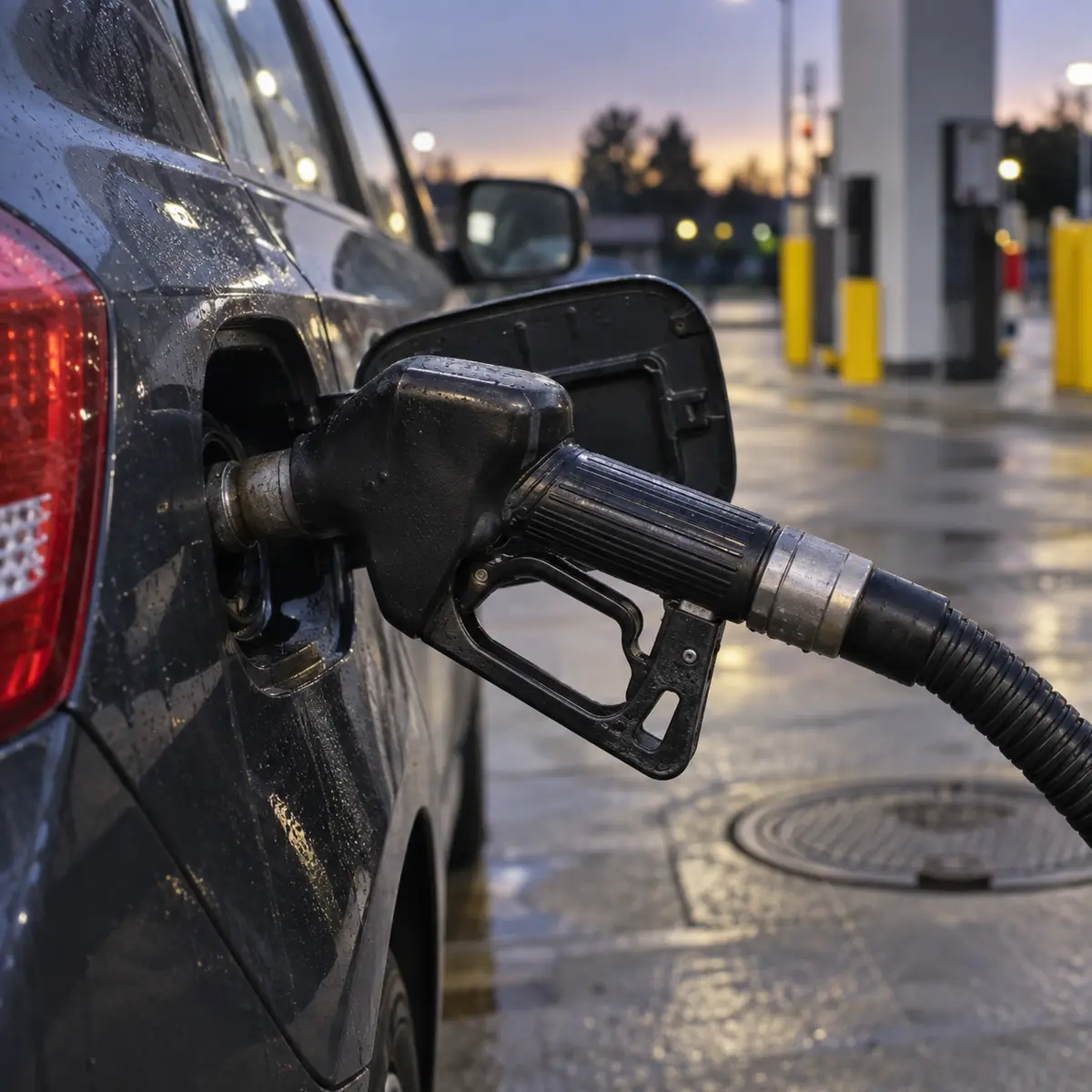 Pistolet dystrybutora umieszczony we wlewie paliwa samochodu