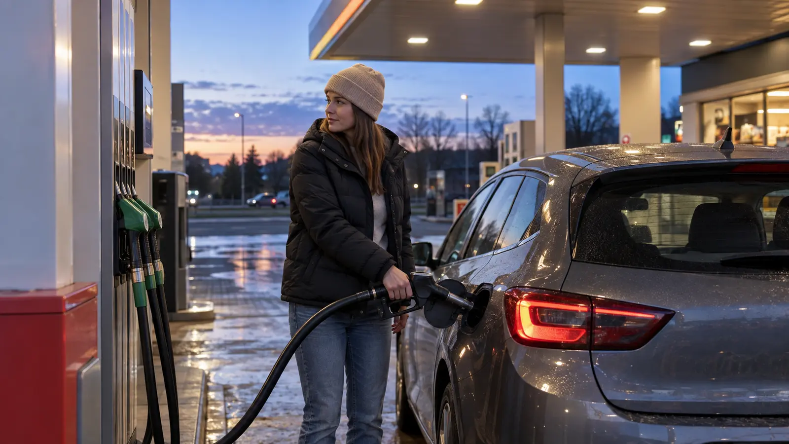 Kobieta tankująca samochód na stacji o poranku